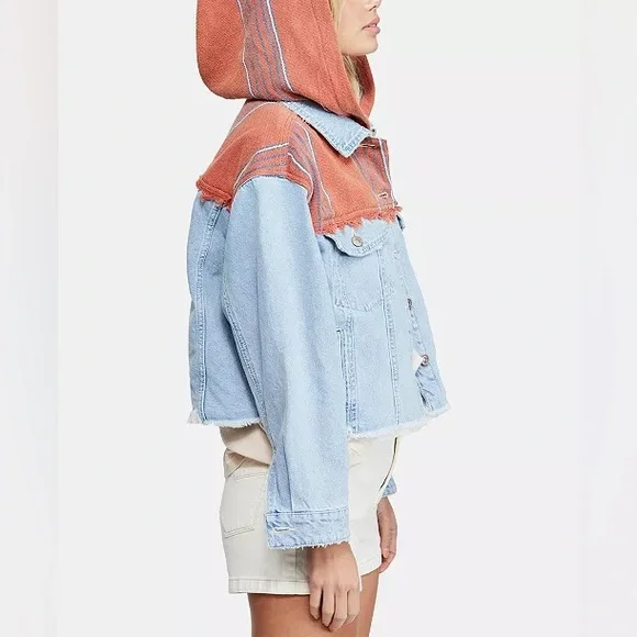 Free People Oversized Baja Mixed-Media Hooded Denim Jacket - Size Small - Picture 4 of 13